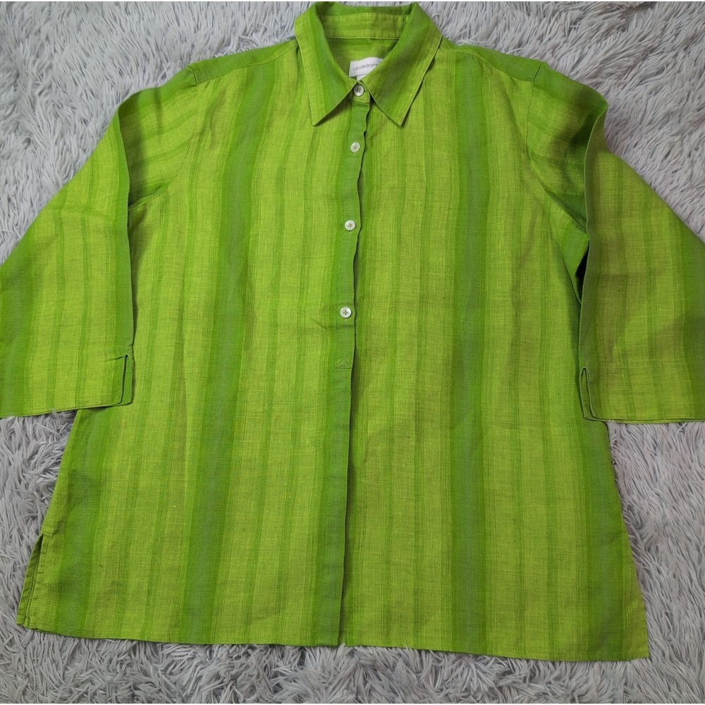 Liz Claiborne Shirt Womens L Green Linen Lightweight Comfort Top Button Up